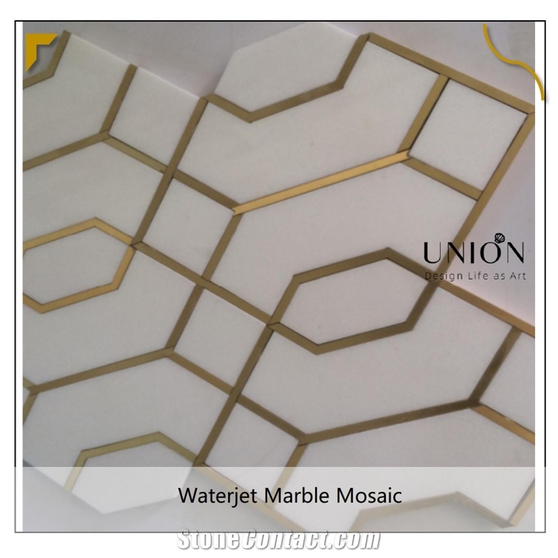 Marble Mosaic with Brass Inlay Tile White Waterjet Designs 